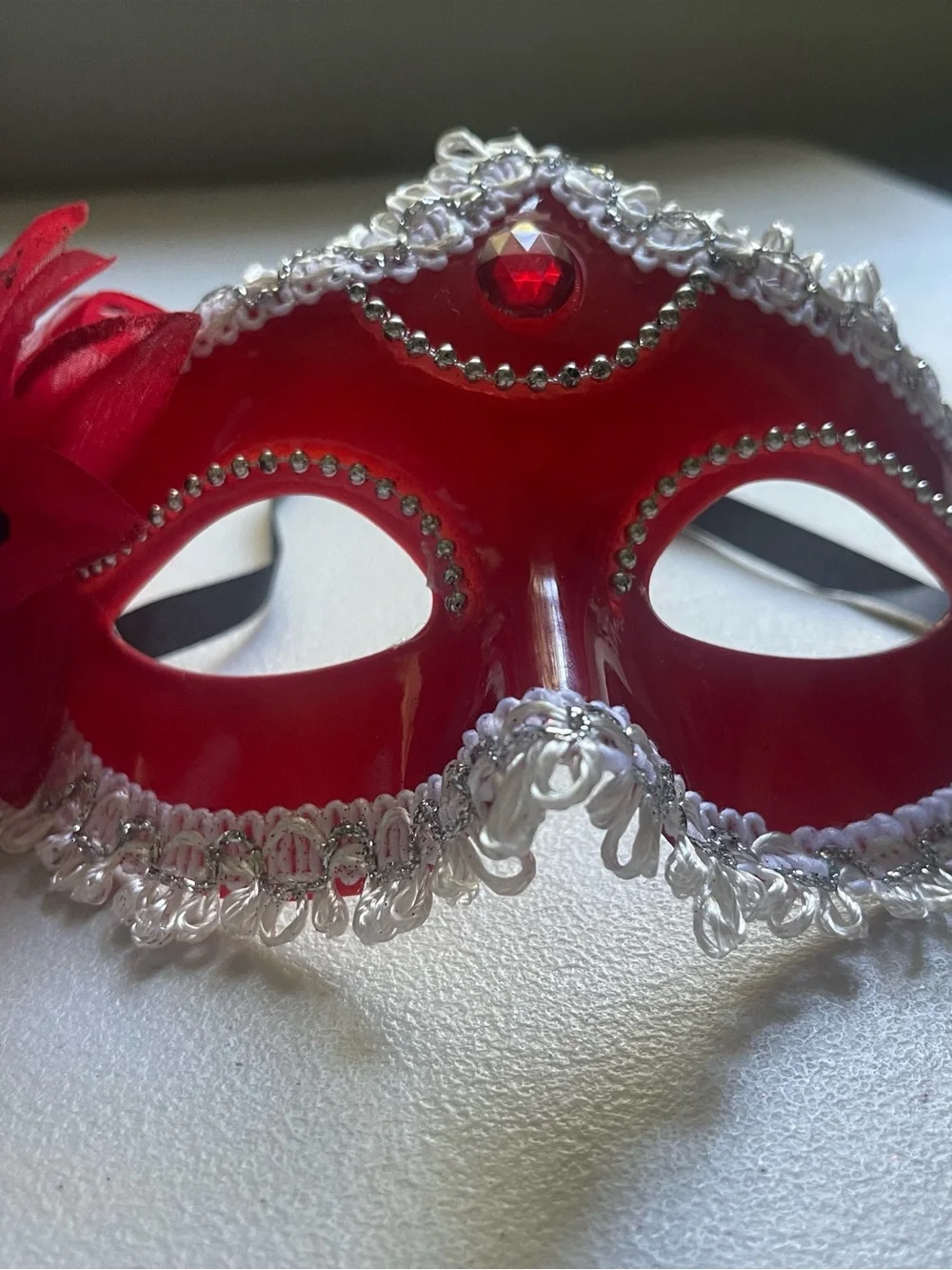 Red Decorative Masquerade Mask with Floral Accent